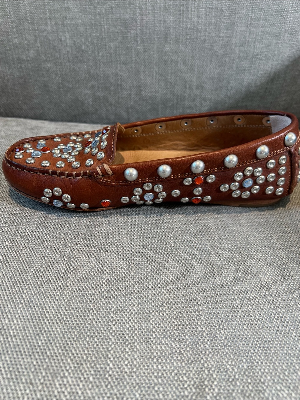 Isabel Marant Brown Studded Leather Loafers with Silver & Red Gems - Picture 3 of 12